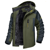 Giacca invernale da uomo verde e grigia con cappuccio, interno in pelliccia sintetica, tasca con zip, ideale per escursioni e sport all'aperto.