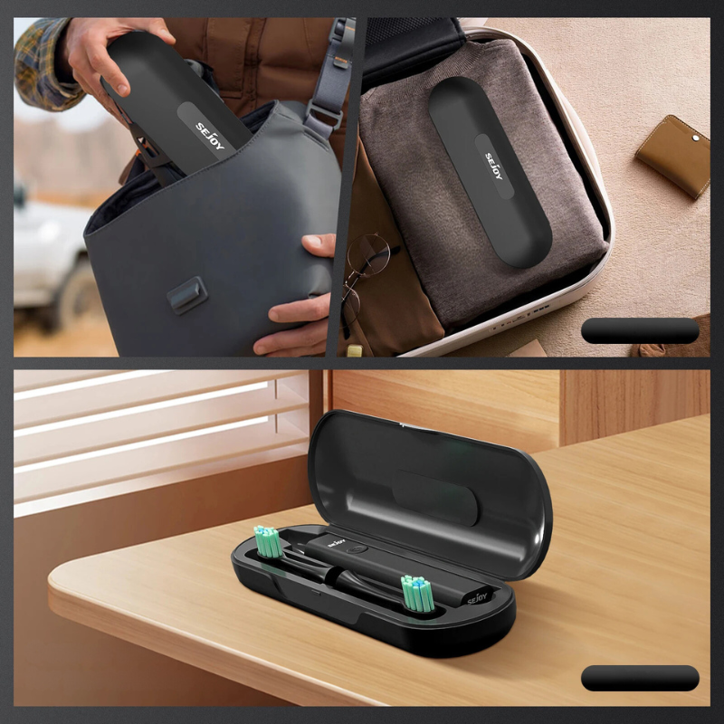 Custodia portaspazzolino elettrico Sejoy, compatta e portatile, ideale per viaggi. Design elegante, nero, con spazio per testine di ricambio.