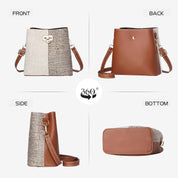 Borsa a tracolla donna in pelle marrone e tessuto beige, design elegante, vista a 360 gradi, chiusura a scatto, ideale per moda e shopping.