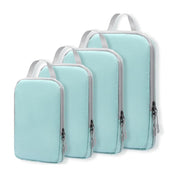 Set di tre borse da viaggio azzurre con cerniera, diverse dimensioni, manico grigio, ideali per organizzare valigie e accessori.