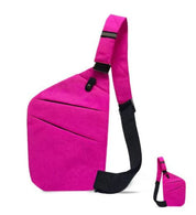 Zaino monospalla rosa acceso, design moderno e compatto, con tracolla regolabile nera. Ideale per viaggi, escursioni e uso quotidiano.