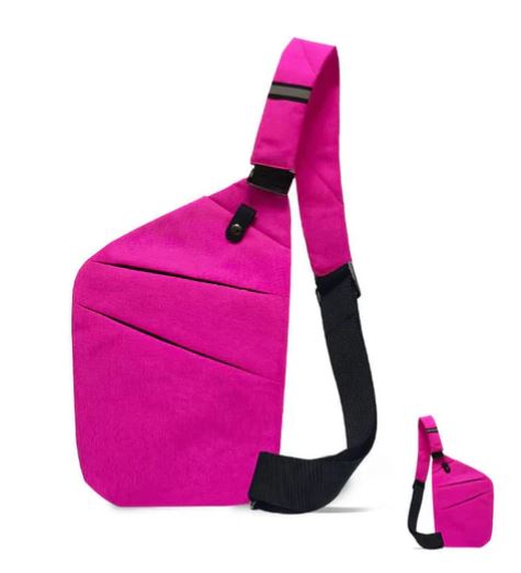 Zaino monospalla rosa acceso, design moderno e compatto, con tracolla regolabile nera. Ideale per viaggi, escursioni e uso quotidiano.