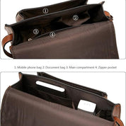 Interno borsa a tracolla in pelle marrone con scomparti: tasca per cellulare, tasca documenti, scomparto principale, tasca con cerniera.
