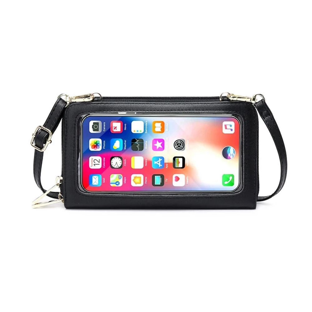 Custodia nera per smartphone con tracolla, finestra trasparente touch, compatibile con iPhone, design elegante e pratico per accesso rapido.