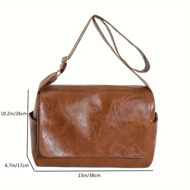 Borsa a tracolla in pelle marrone, dimensioni 38x26x17 cm, design elegante e spazioso, ideale per uso quotidiano e lavoro.