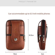 Custodia in pelle marrone per smartphone fino a 6,5 pollici, con chiusura a bottone e zip, dimensioni 10x16,5x4 cm. Accessorio elegante e funzionale.