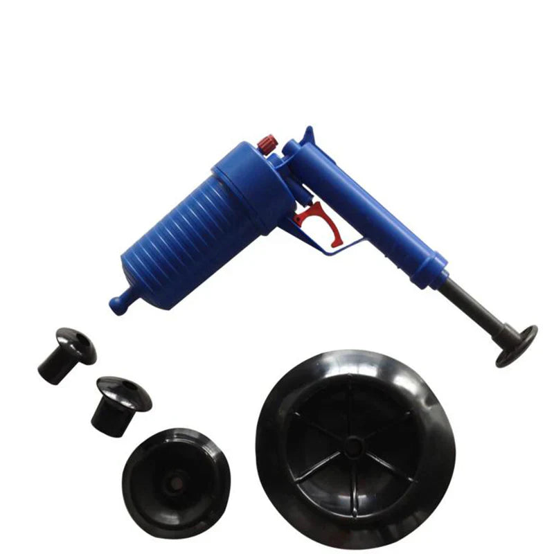 Pistola sturalavandini ad aria compressa blu con accessori, ideale per sturare tubi e scarichi intasati. Strumento efficace per la pulizia domestica.