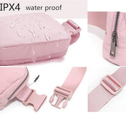 Marsupio rosa impermeabile IPX4 con cerniera robusta, fibbia regolabile e tessuto resistente all'acqua. Accessorio moda pratico e versatile.