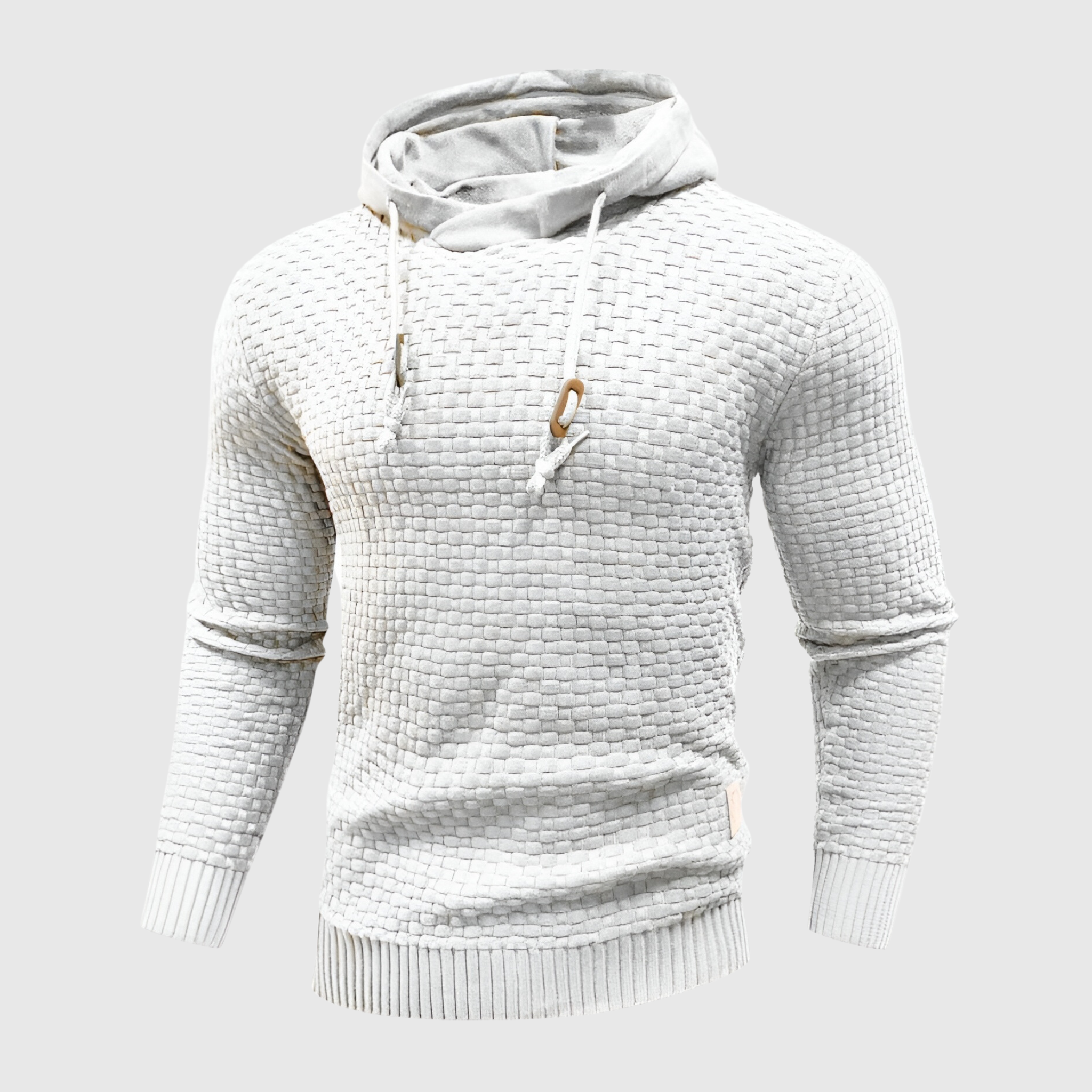 Maglione bianco con cappuccio, design a trama intrecciata, cordini regolabili, maniche lunghe, ideale per moda uomo autunno inverno.