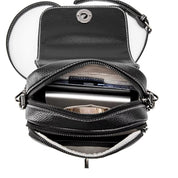 Borsa a tracolla in pelle nera con cerniera aperta, scomparti multipli, design elegante e compatto, ideale per donna, accessorio moda versatile.