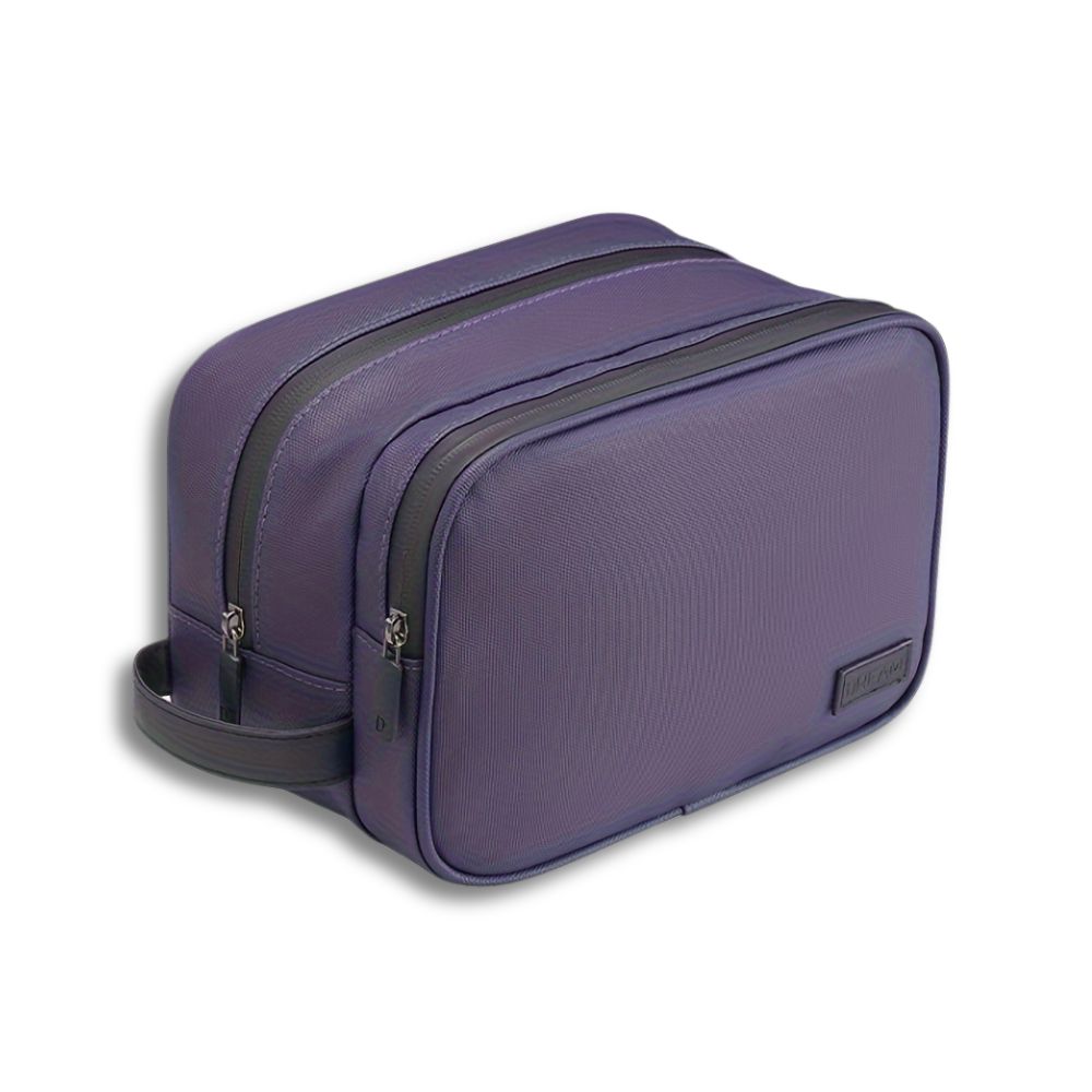 Borsa da toilette viola con doppia cerniera, design elegante e compatto, ideale per viaggi. Accessorio da bagno pratico e resistente.