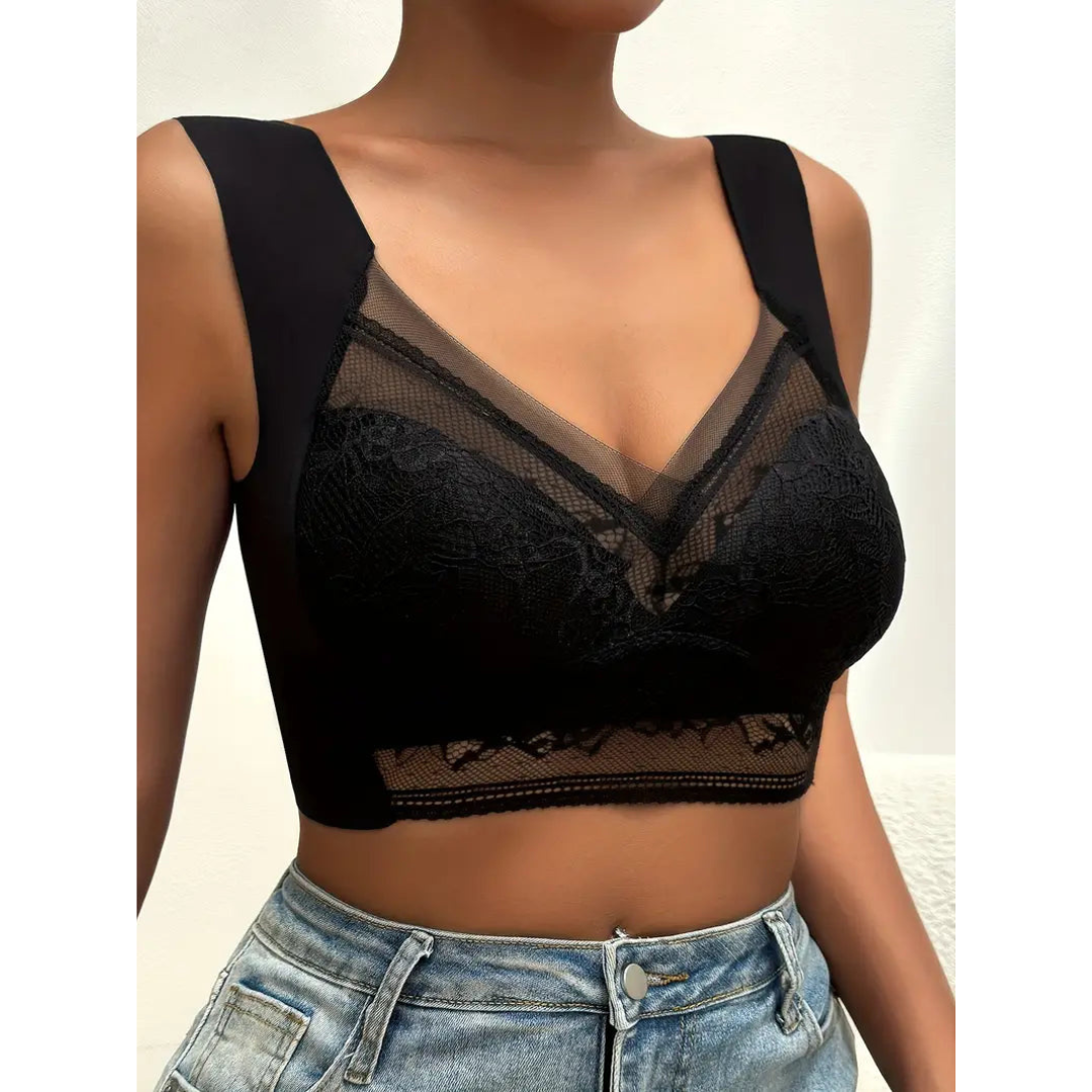 Top donna nero in pizzo trasparente, design elegante e moderno, perfetto per outfit casual o serate. Tessuto confortevole e alla moda.