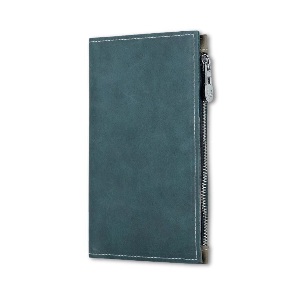 Portafoglio in pelle blu con cerniera laterale, design elegante e minimalista, ideale per uomo e donna. Accessorio moda di alta qualità.