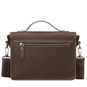 Borsa a tracolla in pelle marrone con manico superiore, cerniera posteriore e cuciture bianche. Elegante e funzionale per uomo e donna.