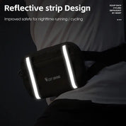 Marsupio nero con strisce riflettenti per corsa e ciclismo notturno, design sicuro e pratico, ideale per sportivi.
