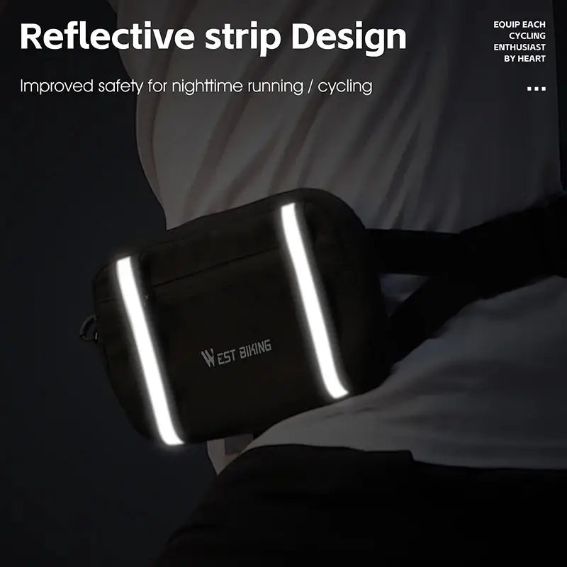 Marsupio nero con strisce riflettenti per corsa e ciclismo notturno, design sicuro e pratico, ideale per sportivi.