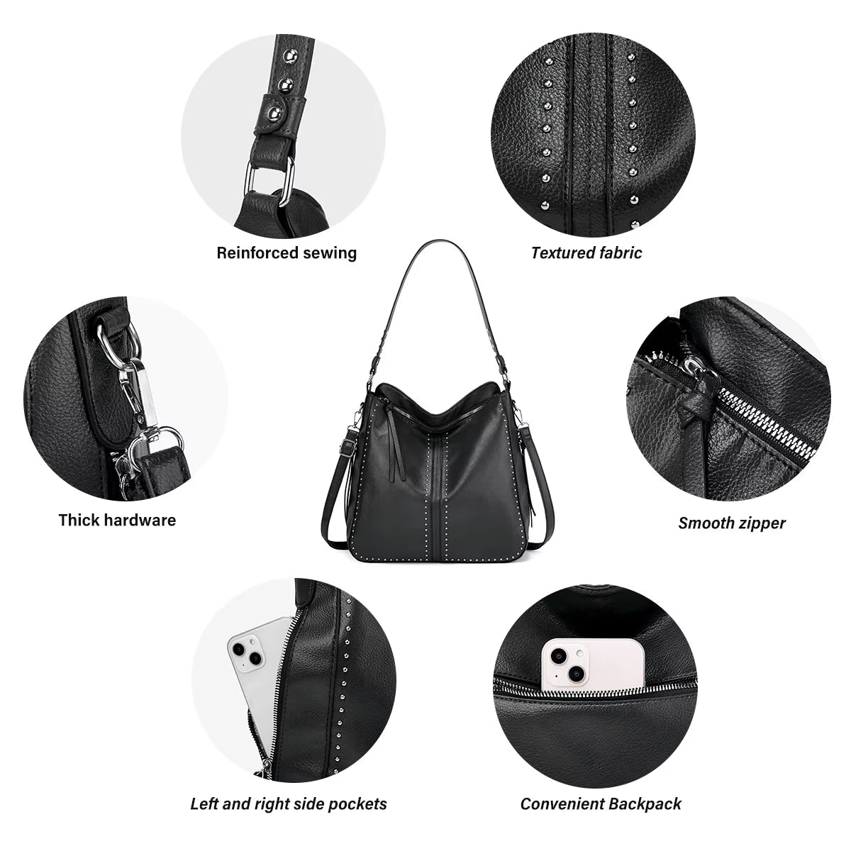 Zaino in pelle nera con cuciture rinforzate, tessuto testurizzato, hardware robusto, cerniera liscia, tasche laterali, ideale per moda e praticità.