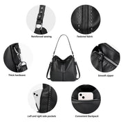 Zaino in pelle nera con cuciture rinforzate, tessuto testurizzato, hardware robusto, cerniera liscia, tasche laterali, ideale per moda e praticità.