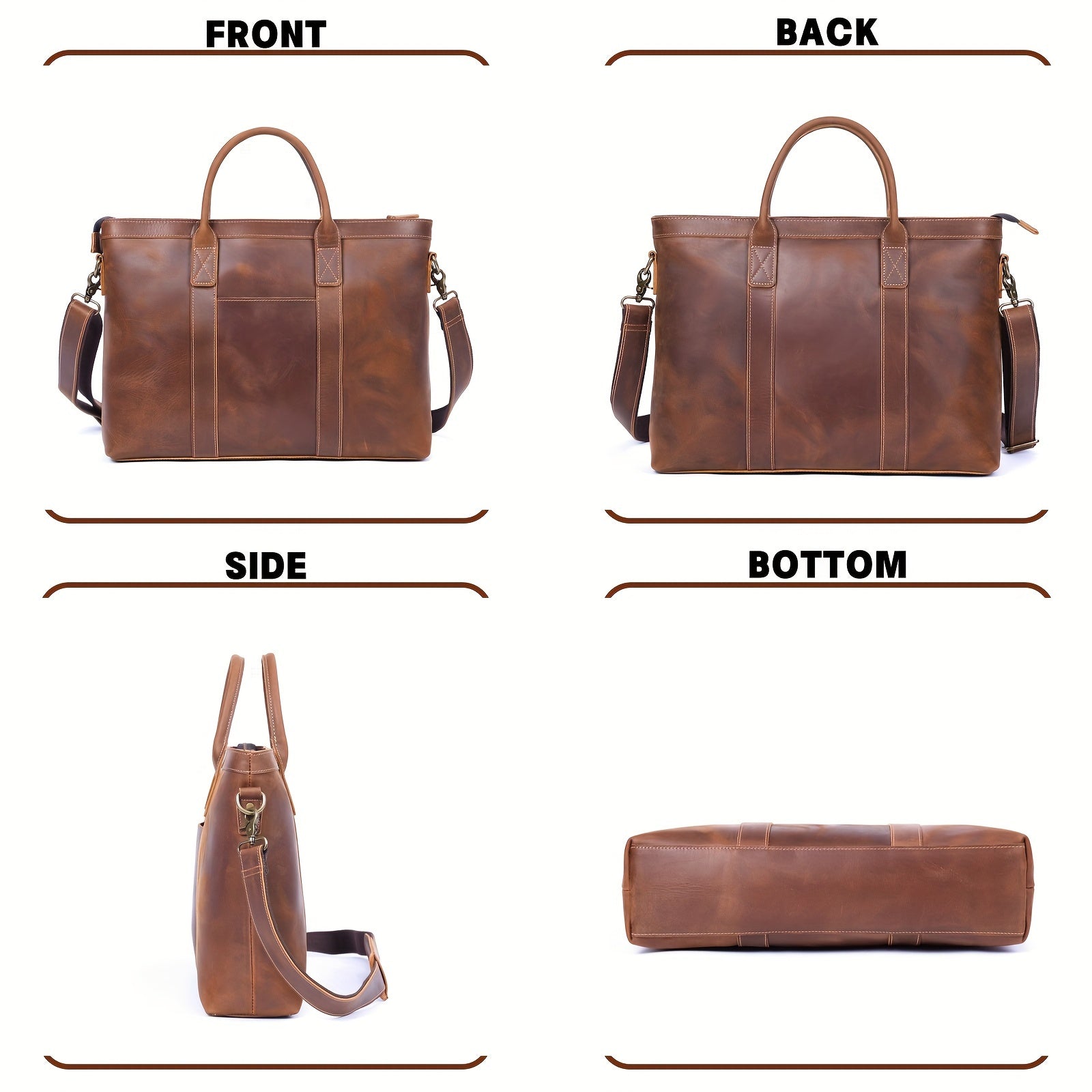 Borsa a tracolla in pelle marrone, vista frontale, posteriore, laterale e inferiore. Design elegante, ideale per lavoro e viaggio.