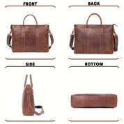 Borsa a tracolla in pelle marrone, vista frontale, posteriore, laterale e inferiore. Design elegante, ideale per lavoro e viaggio.