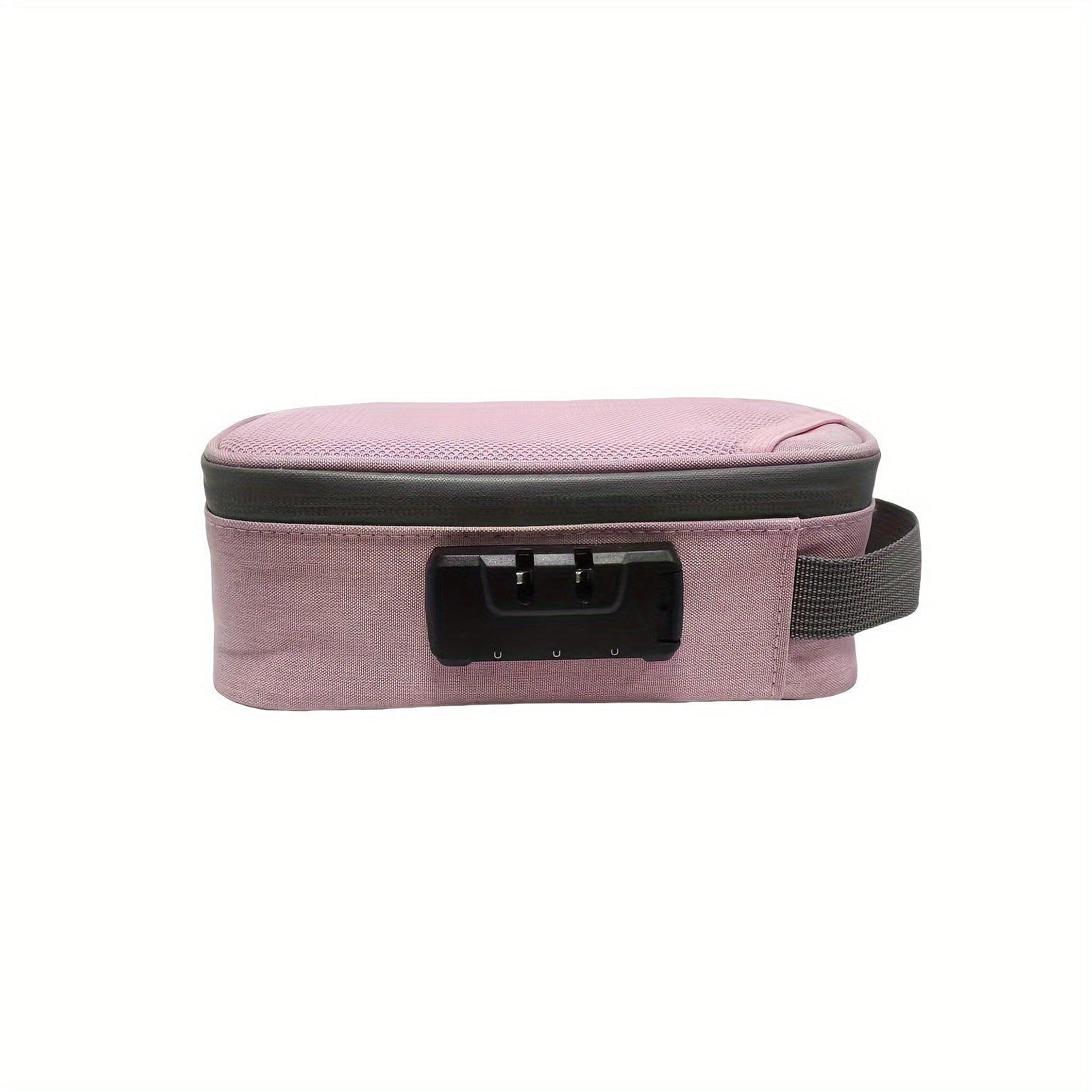 Astuccio da viaggio rosa con chiusura a combinazione, manico laterale e cerniera. Ideale per cosmetici e accessori. Design compatto e sicuro.