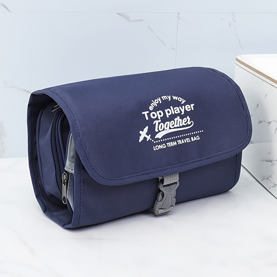 Borsa da viaggio blu scuro con scritta bianca "Top player Together", chiusura a fibbia, ideale per viaggi a lungo termine, design elegante e funzionale.