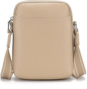 Borsa a tracolla beige in pelle sintetica, design minimalista, tasca frontale, cerniera superiore, tracolla regolabile, moda donna elegante.