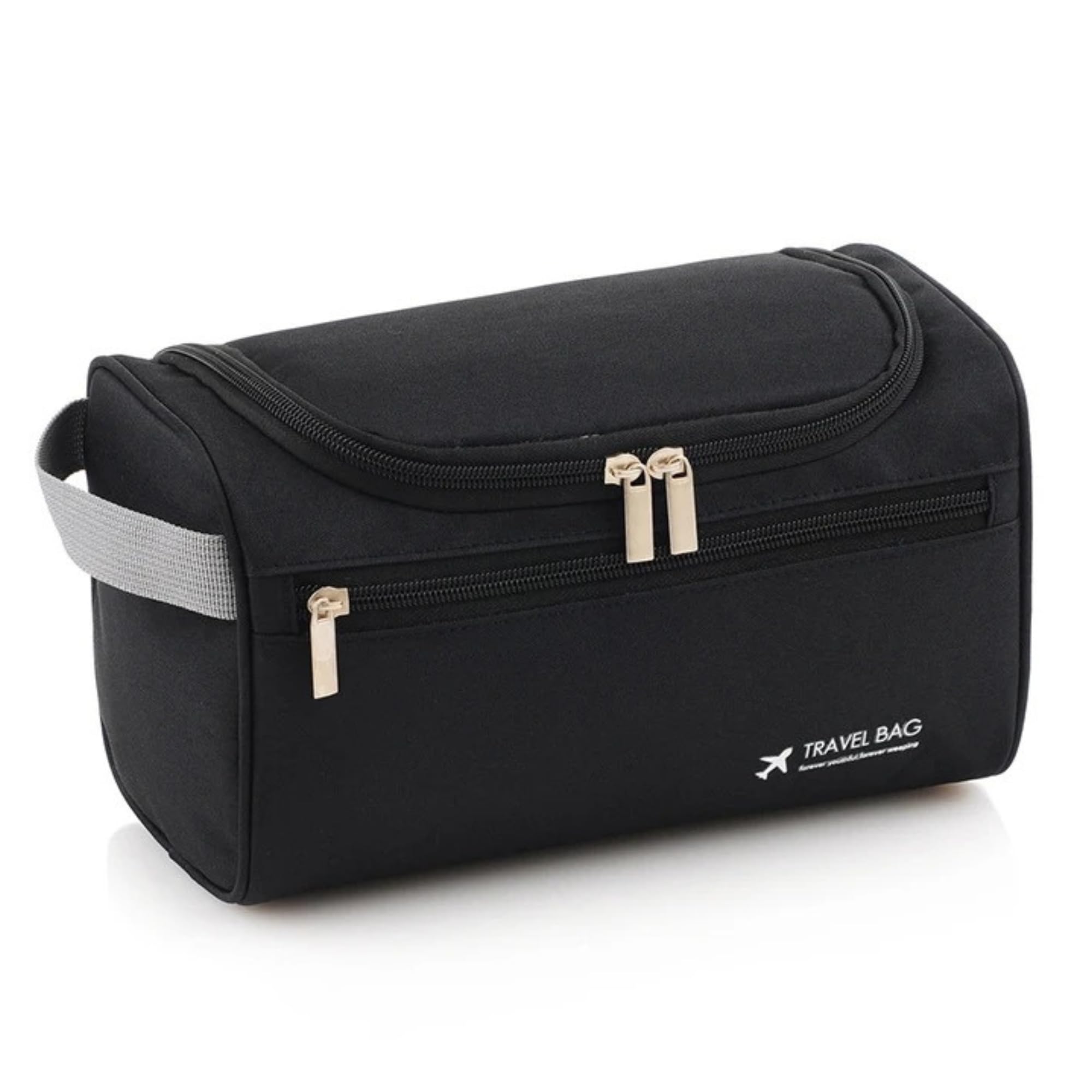 Borsa da viaggio nera con cerniera, manico grigio, tasca frontale, ideale per organizzare accessori da viaggio. Design compatto e funzionale.