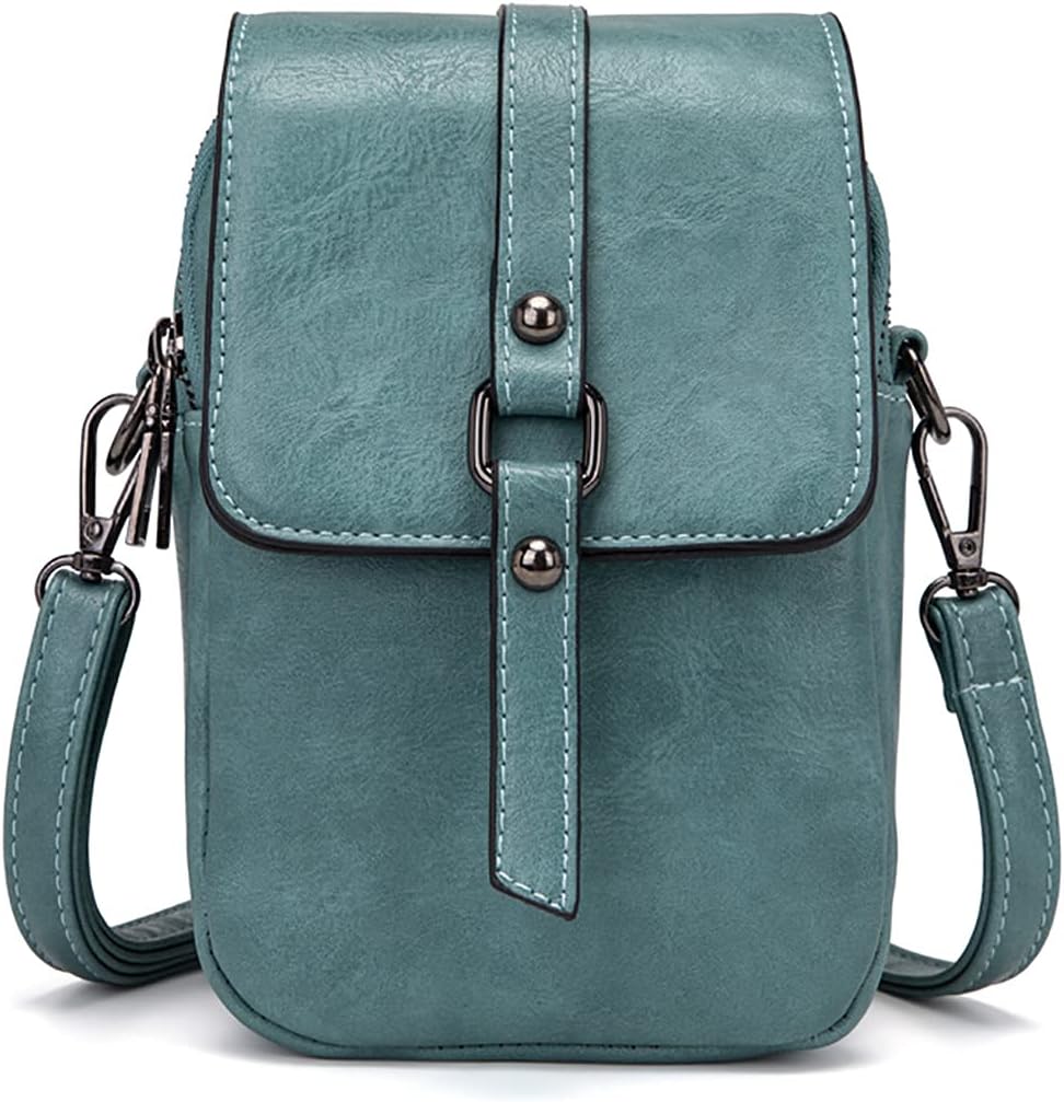Borsa a tracolla in pelle verde acqua, design compatto con chiusura a fibbia, ideale per smartphone e accessori. Elegante e pratica per ogni occasione.
