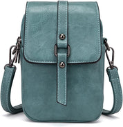 Borsa a tracolla in pelle verde acqua, design compatto con chiusura a fibbia, ideale per smartphone e accessori. Elegante e pratica per ogni occasione.