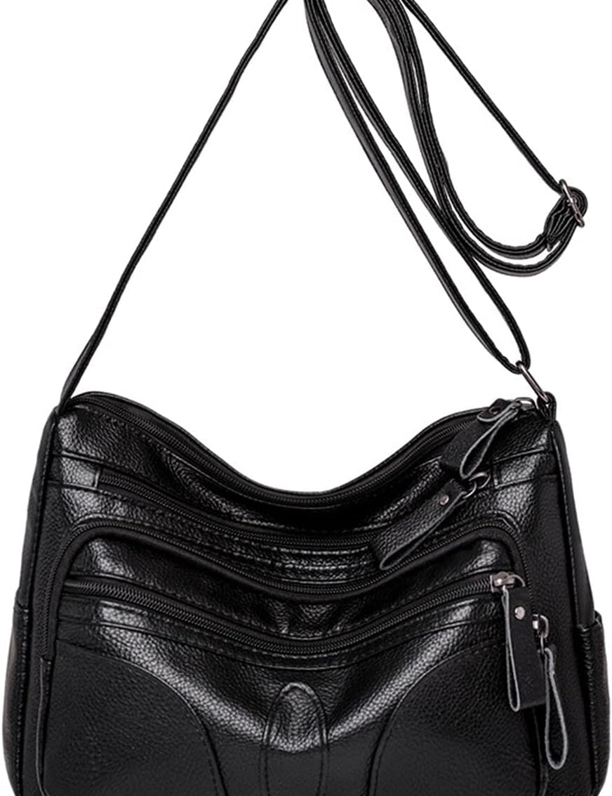 Borsa a tracolla in pelle nera con cerniere multiple, design elegante e pratico, ideale per donna. Accessorio moda versatile e spazioso.