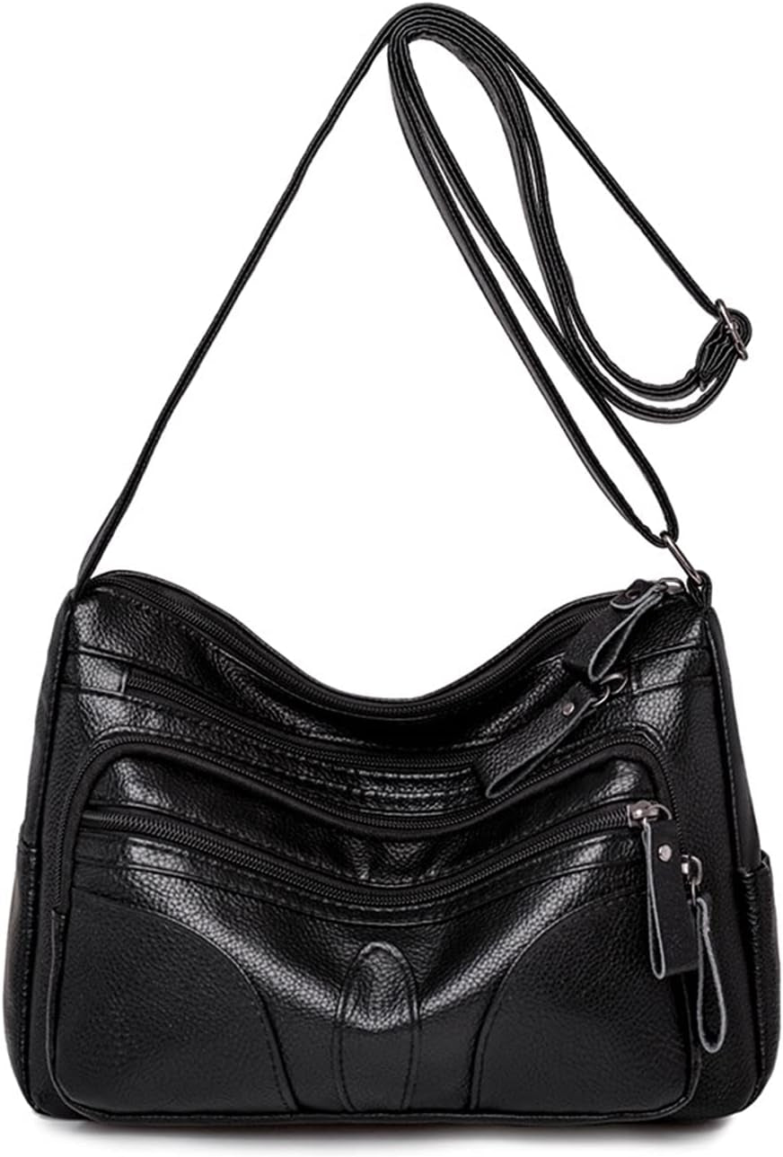 Borsa a tracolla in pelle nera con cerniere multiple, design elegante e pratico, ideale per donna. Accessorio moda versatile e spazioso.