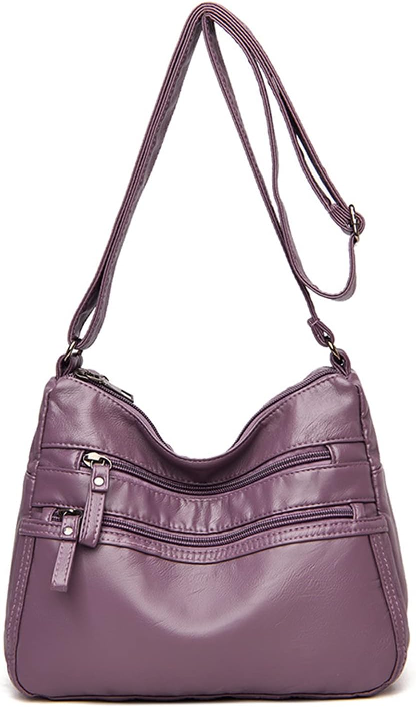 Borsa a tracolla in pelle sintetica viola con doppia cerniera, design elegante e pratico, ideale per donna. Accessorio moda versatile e chic.