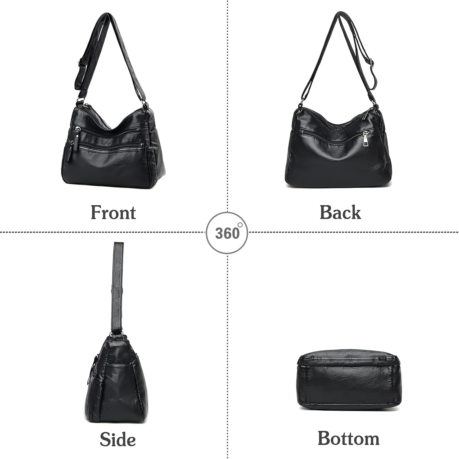 Borsa a tracolla in pelle nera, vista a 360 gradi. Mostra fronte, retro, lato e fondo. Design elegante, ideale per moda donna e accessori.