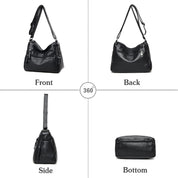 Borsa a tracolla in pelle nera, vista a 360 gradi. Mostra fronte, retro, lato e fondo. Design elegante, ideale per moda donna e accessori.