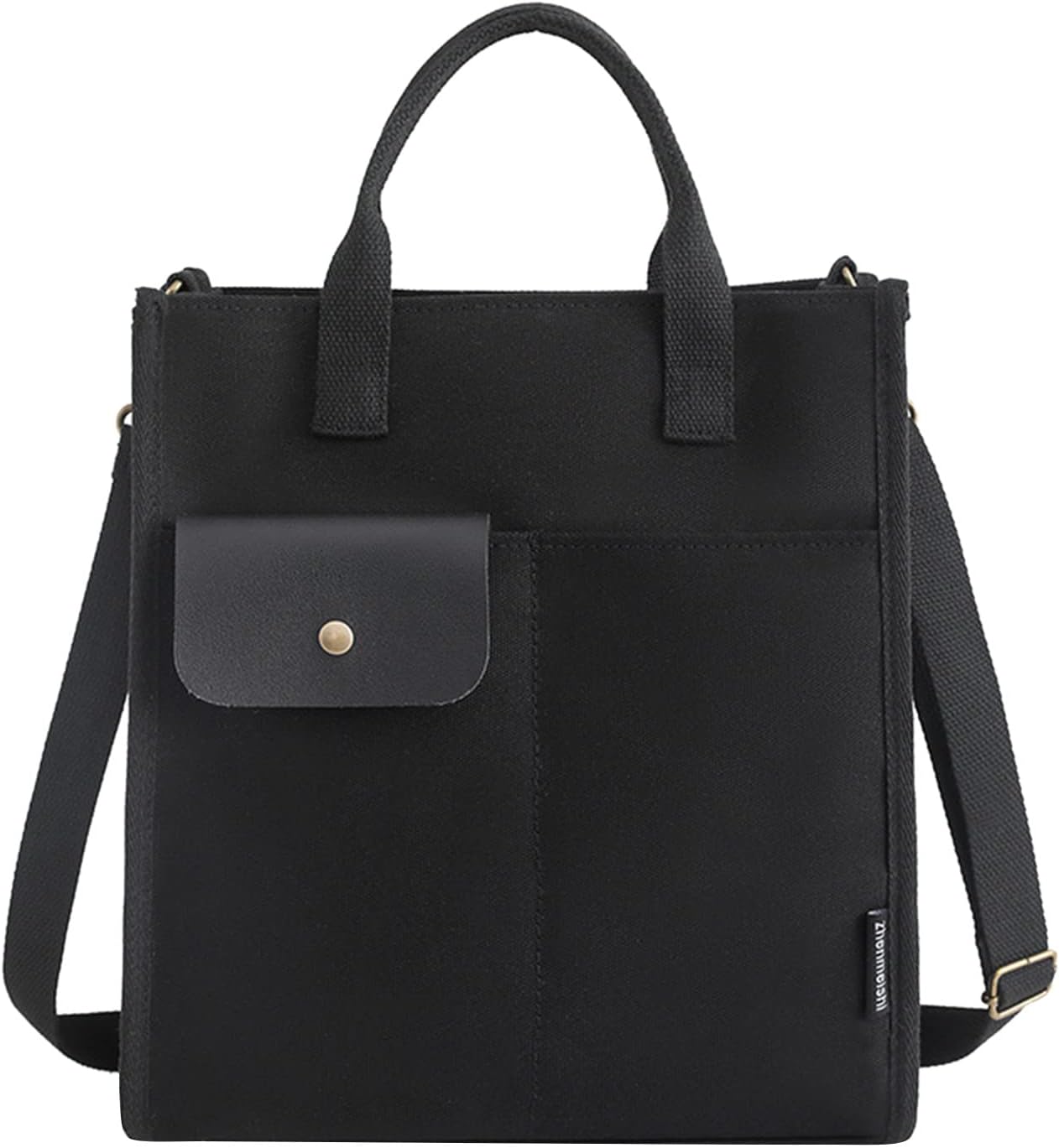 Borsa tote nera in tela con tasca frontale e tracolla regolabile, design minimalista, ideale per lavoro e uso quotidiano.