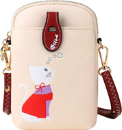 Borsa a tracolla beige con stampa gatto, decorazione rossa, chiusura a bottone, tracolla regolabile. Accessorio moda donna, stile casual.