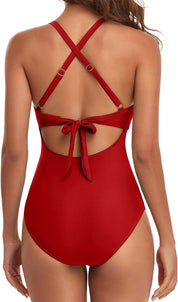 Costume intero rosso donna, schiena scoperta, spalline incrociate regolabili, fiocco decorativo, moda mare, elegante e confortevole.