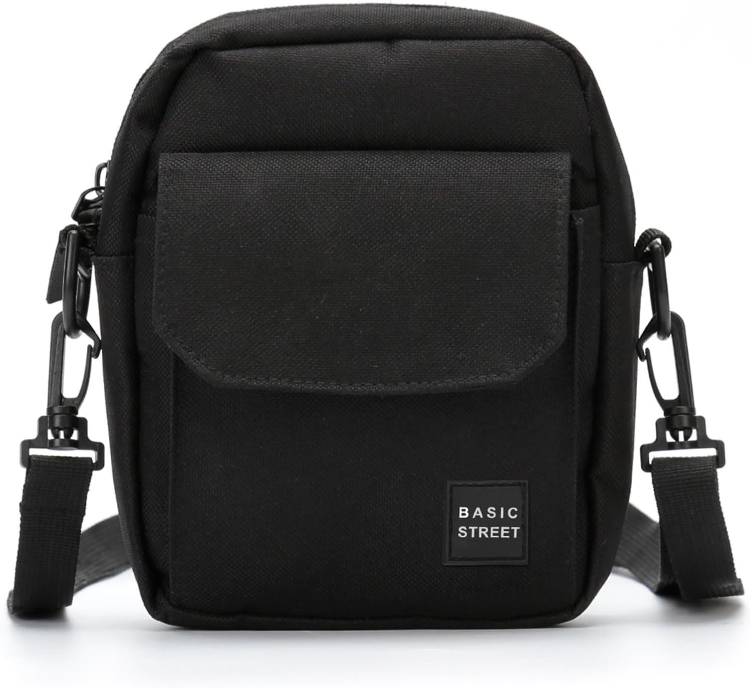 Borsa a tracolla nera unisex, compatta e resistente, con tasca frontale e chiusura a zip. Ideale per uso quotidiano e viaggi.