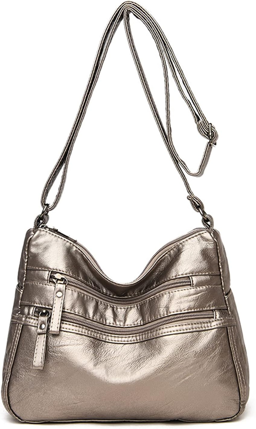 Borsa a tracolla in pelle sintetica color argento metallizzato con cerniere multiple, design elegante e moderno, ideale per donna.