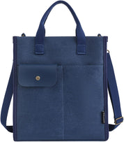 Borsa tote blu in tela con tasca frontale e tracolla regolabile, design elegante e funzionale, ideale per lavoro e tempo libero.