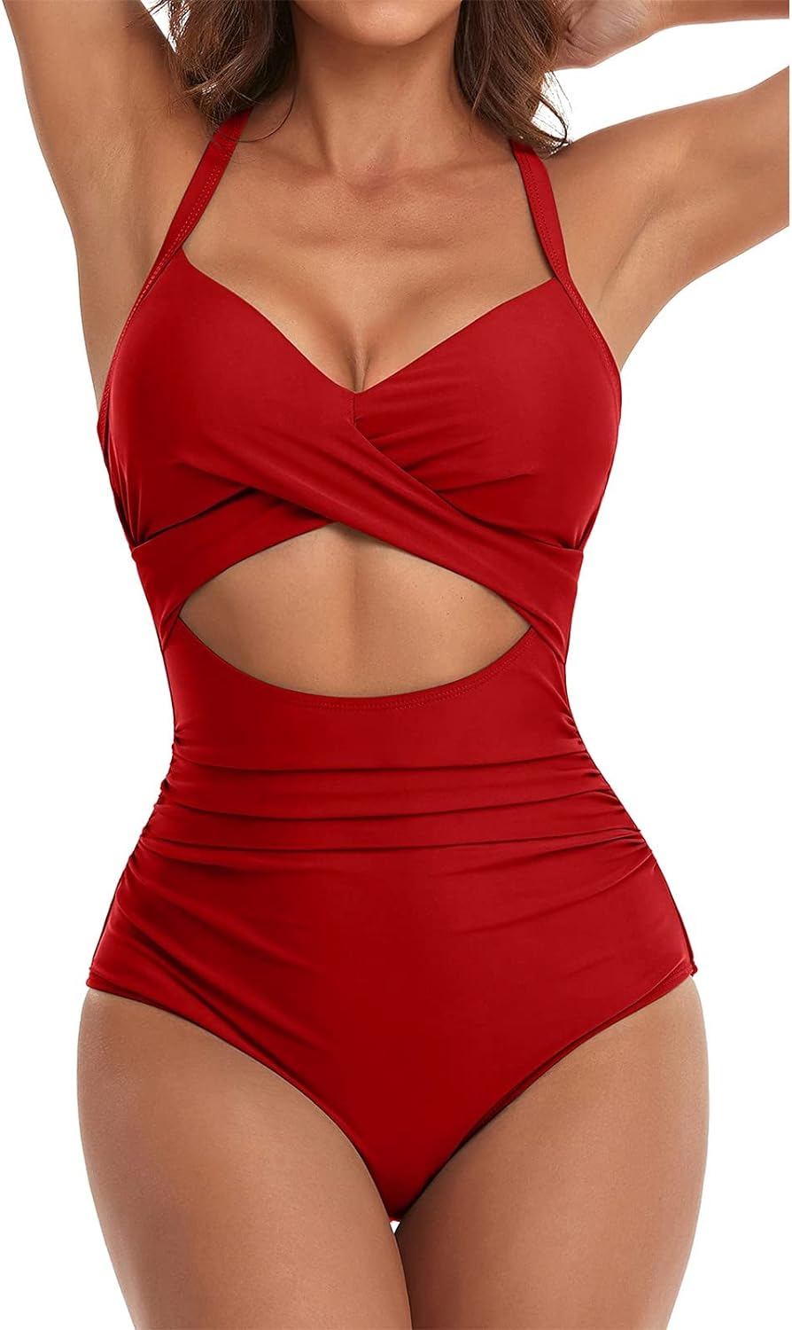 Costume intero rosso donna, design incrociato con cut-out frontale, spalline regolabili. Elegante e moderno, perfetto per la spiaggia o piscina.