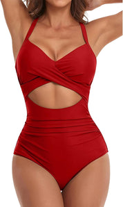 Costume intero rosso donna, design incrociato con cut-out frontale, spalline regolabili. Elegante e moderno, perfetto per la spiaggia o piscina.