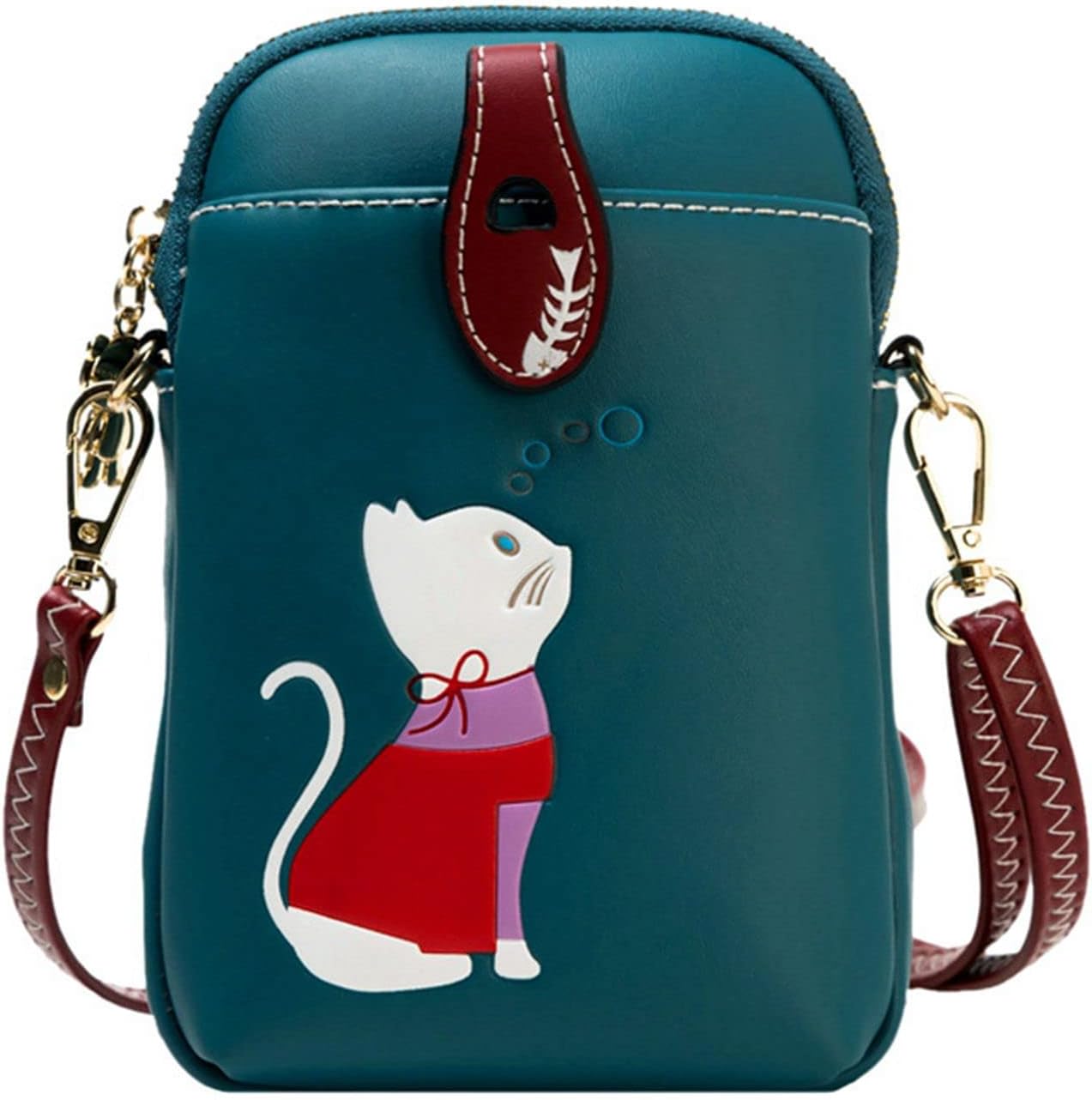 Borsa a tracolla verde con gatto bianco stilizzato, dettagli rossi e blu, chiusura a zip, tracolla regolabile. Accessorio moda donna elegante.