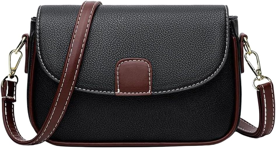Borsa a tracolla in pelle nera con dettagli marroni, chiusura a patta, cuciture bianche, tracolla regolabile, elegante e versatile per donna.