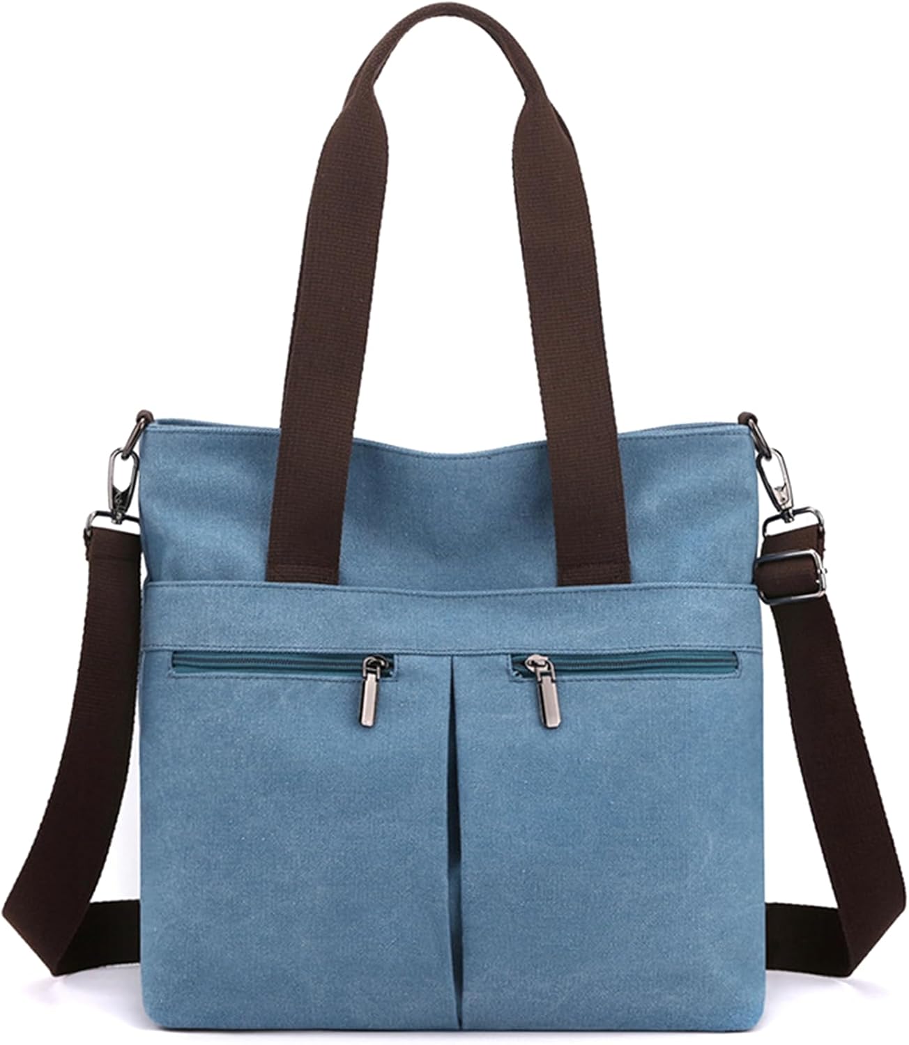 Borsa a tracolla in tela blu con manici marroni, doppia cerniera frontale, ideale per donna, moda casual, capiente e resistente.