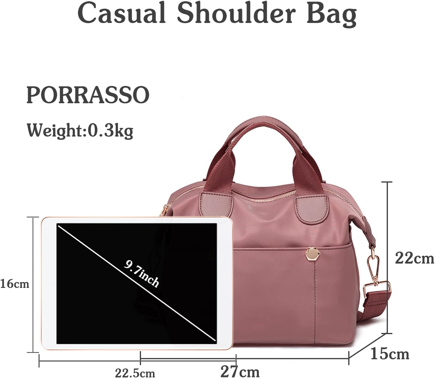 Borsa a tracolla casual rosa PORRASSO, leggera 0,3 kg, dimensioni 27x15x22 cm, compatibile con tablet 9,7 pollici, manici e tracolla regolabile.