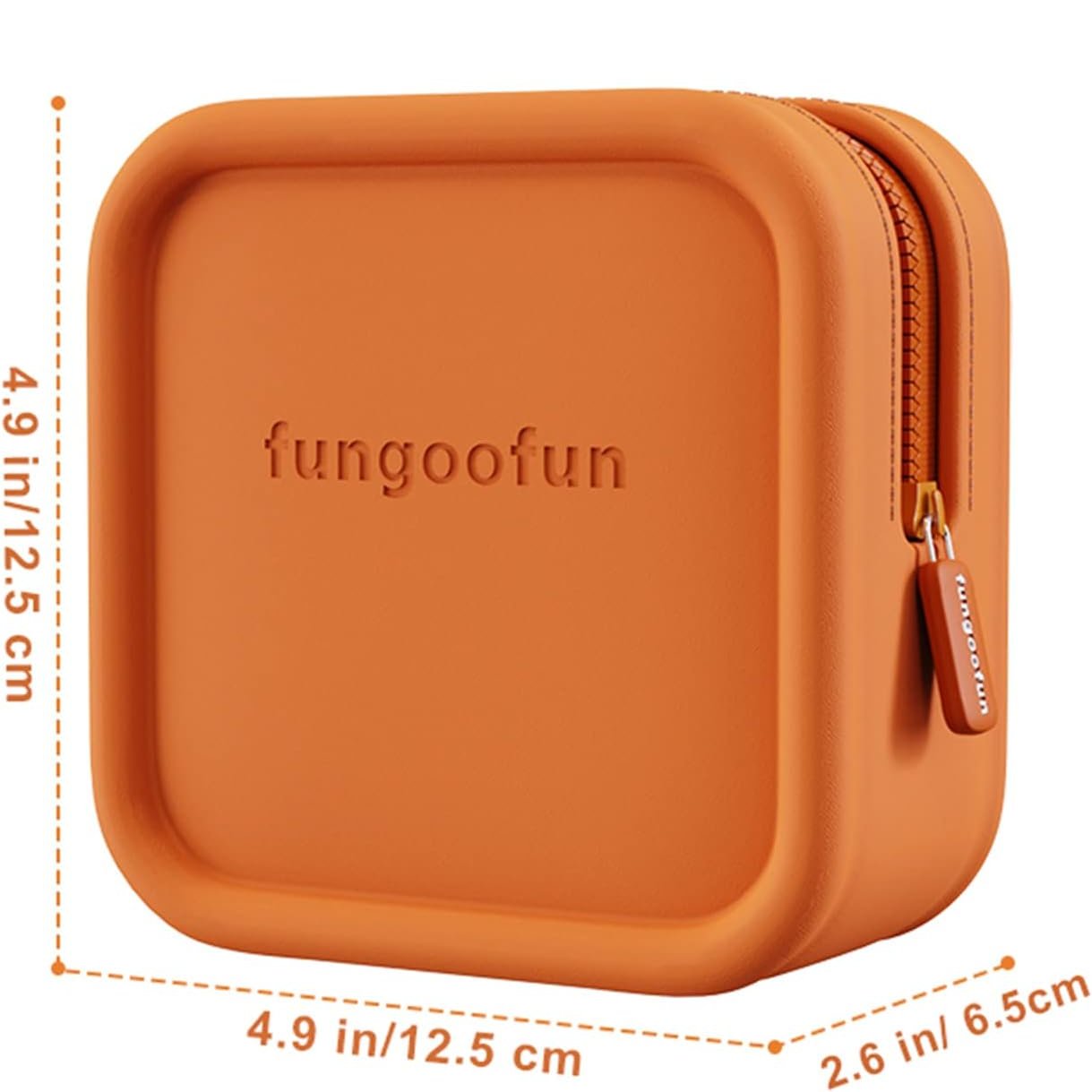 Custodia arancione in silicone Fungoofun, dimensioni 12,5x12,5x6,5 cm, con cerniera. Ideale per protezione e trasporto accessori.