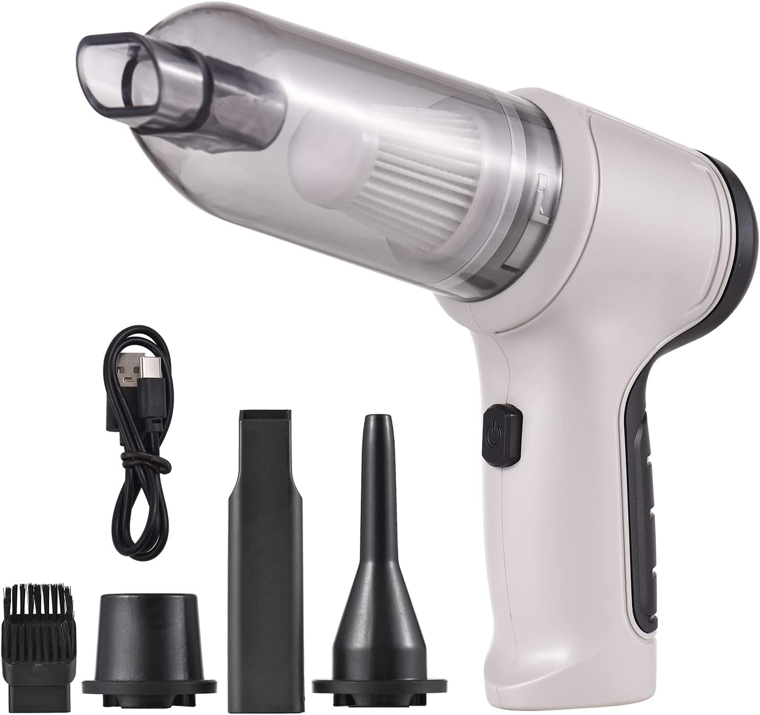 Aspirapolvere portatile senza fili bianco con accessori: bocchetta a lancia, spazzola, cavo USB. Ideale per auto e casa.