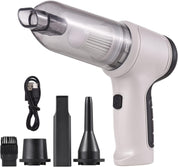 Aspirapolvere portatile senza fili bianco con accessori: bocchetta a lancia, spazzola, cavo USB. Ideale per auto e casa.